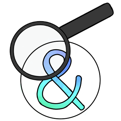 A magnifying glass partly in front of a turquoise and blue ampersand in a white circle.